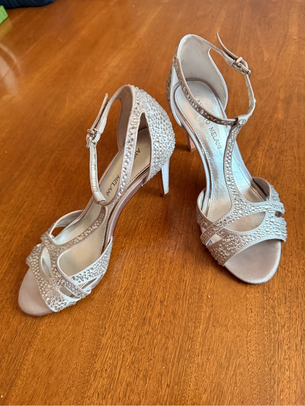 Antonio Melani Crystal Embellished T-Strap Leather Satin Evening Silver Heels